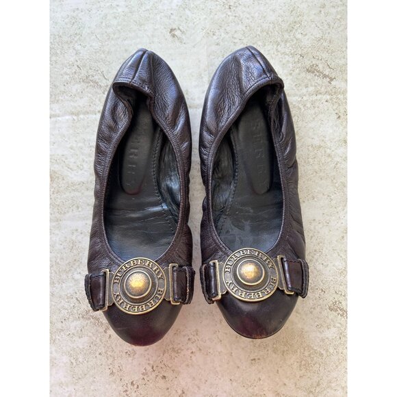 Burberry Womens Leather Ballet Flats With Gold Logo Buckle Brown Size 37 - Picture 2 of 11